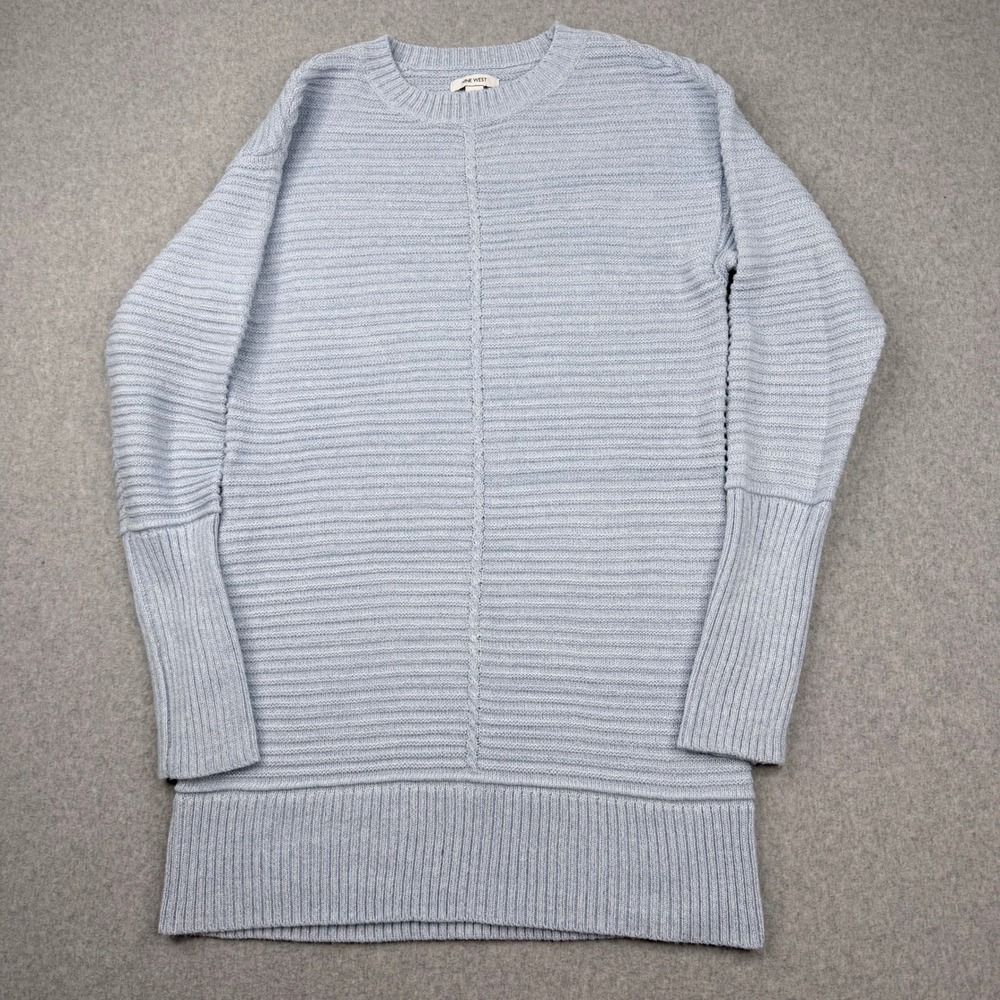 Nine West Womens Light Blue Metallic Ribbed Crew Neck Tunic Sweater Size Medium
